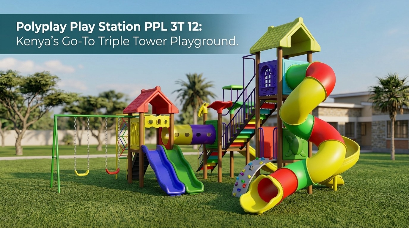 Large 3 tower playground systems Kenya — Polyplay triple tower play station for parks and schools